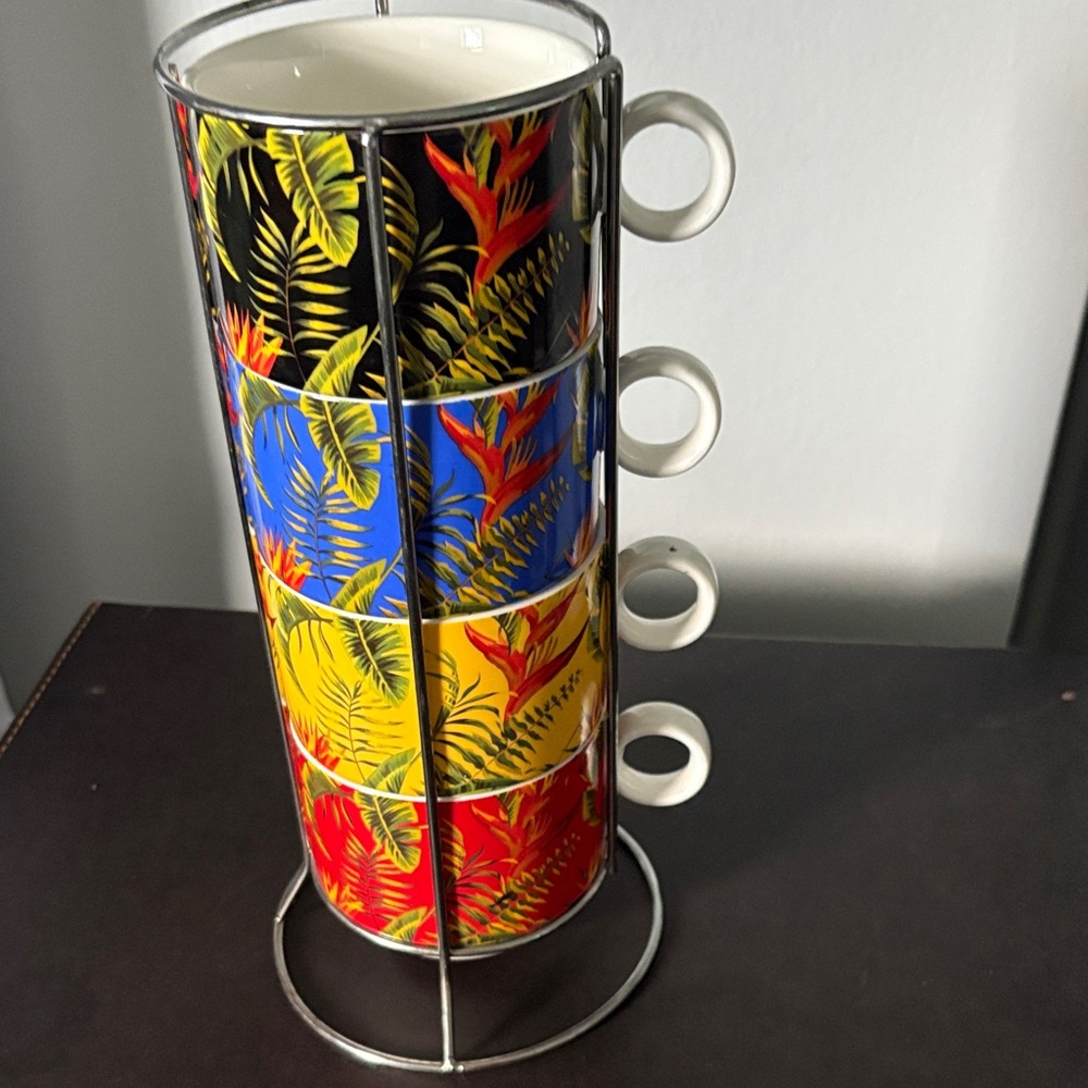 Tropical Floral Stackable Mugs with a metal holder to display. Refer to photos.